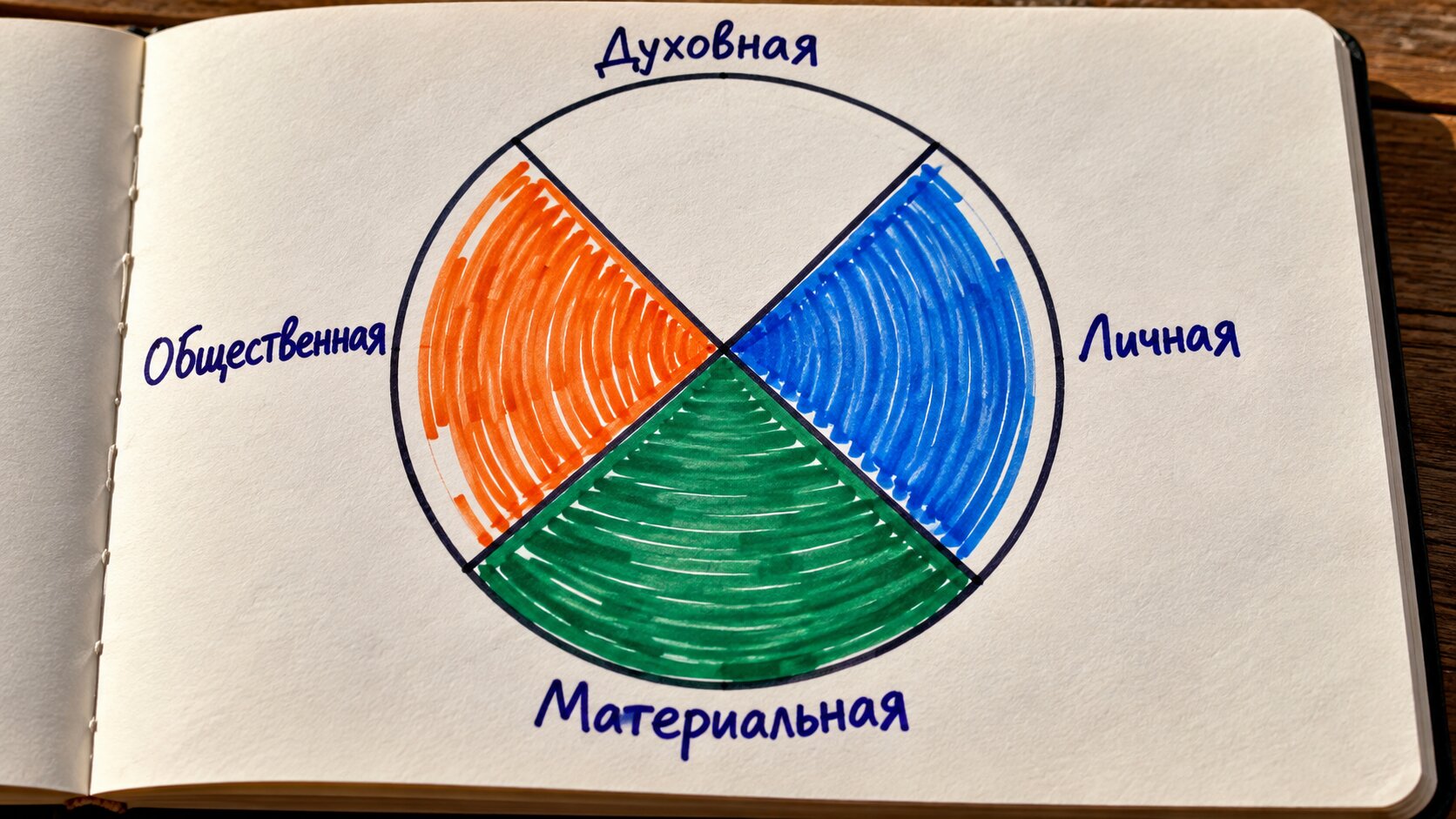 Круг, разделённый на четыре сектора: материальная (низ, закрашена), общественная (слева, закрашена), личная (справа, закрашена), духовная (сверху) — совсем не закрашена