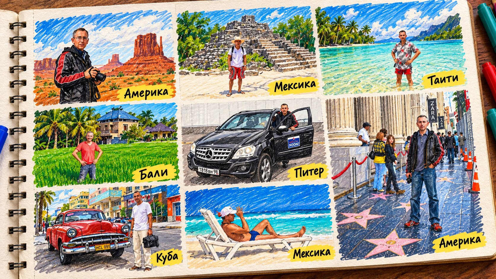 Коллаж фотографий путешествий: Америка, Мексика, Таити, Бали, Питер, Куба — Андрей на фоне достопримечательностей разных стран