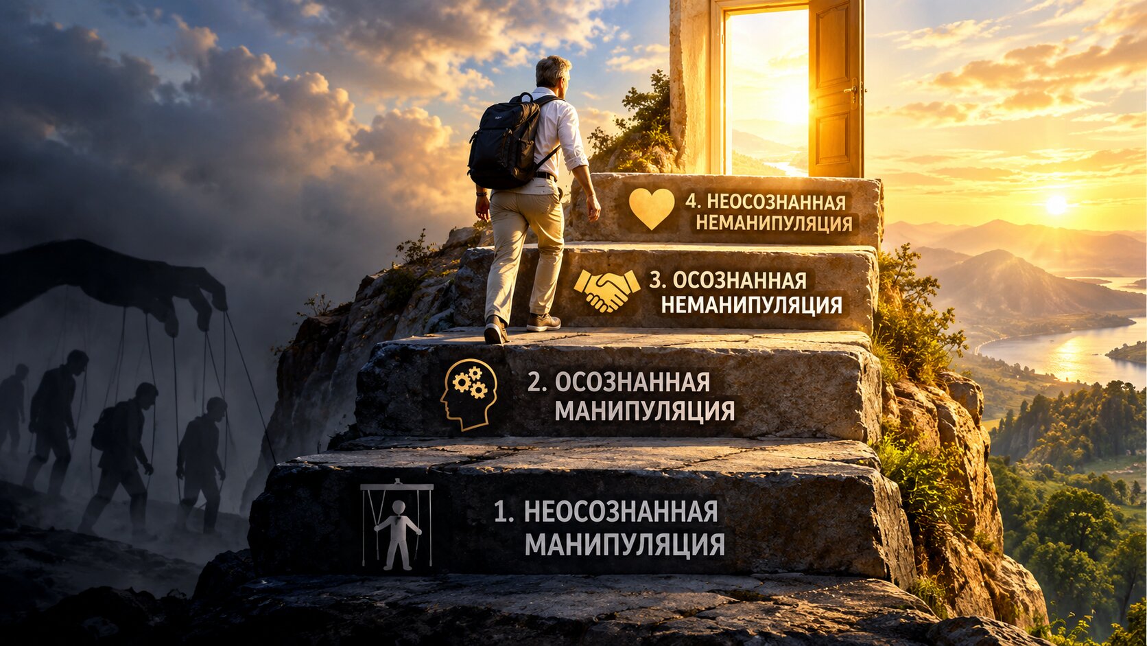 Лестница из четырёх ступеней с подписями «неосознанная манипуляция», «осознанная манипуляция», «осознанная неманипуляция», «неосознанная неманипуляция»; наверху открытая дверь и свет