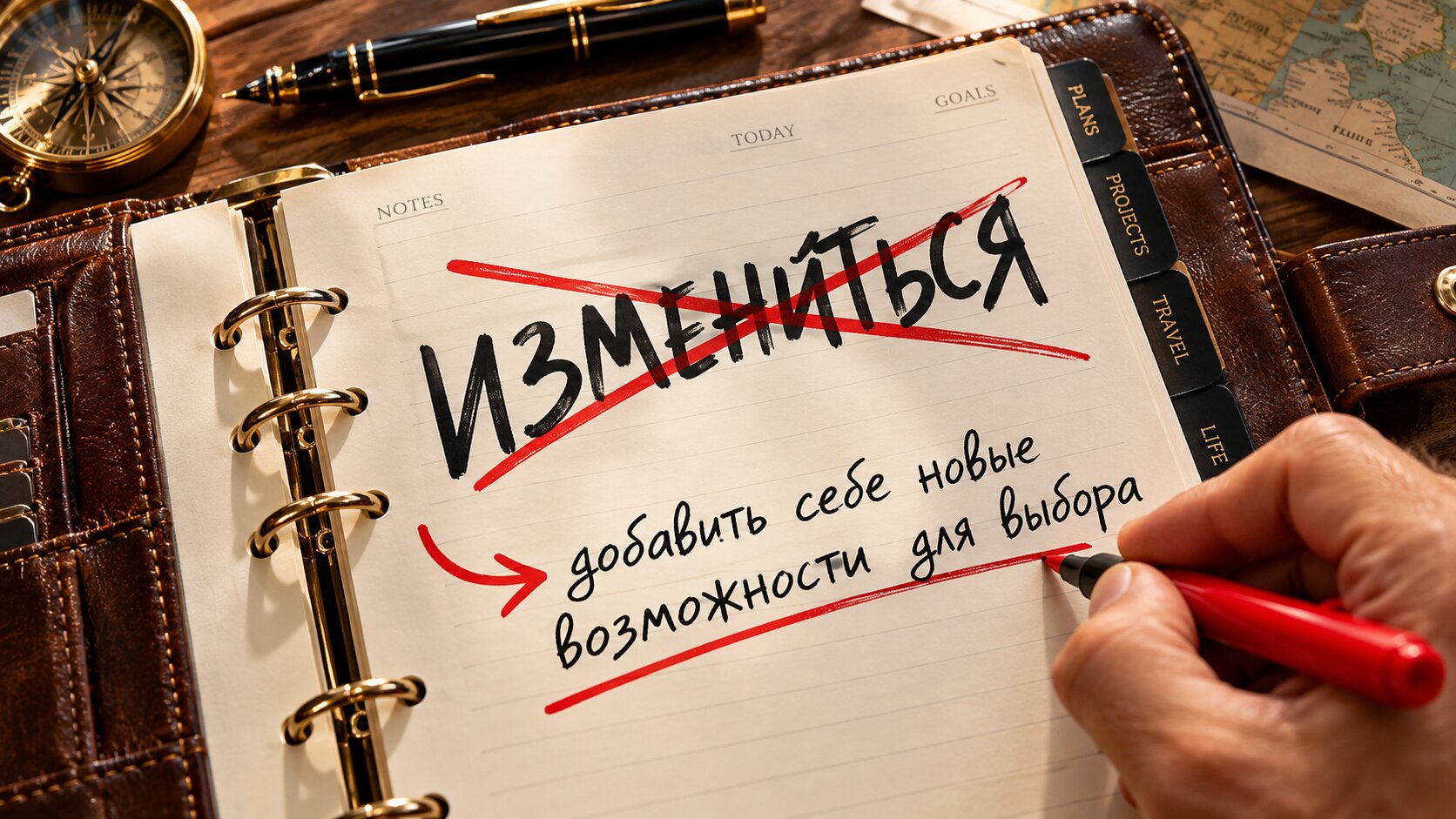 Раскрытый ежедневник: крупное слово «измениться» зачёркнуто крест-накрест, рядом от руки написано «добавить себе новые возможности для выбора»