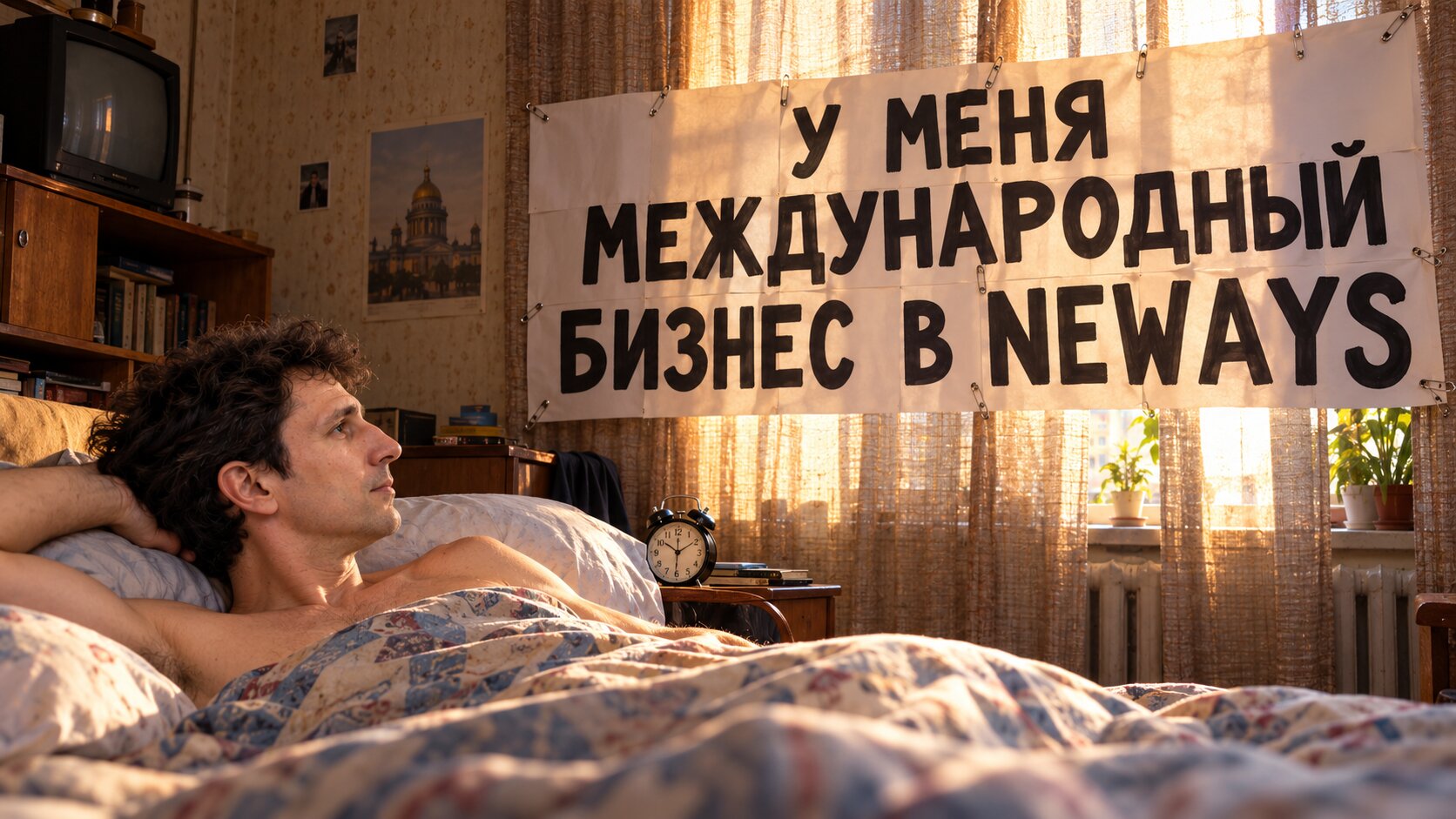 Спальня в питерской квартире 90-х: на шторах булавками приколот самодельный плакат «У меня международный бизнес в Neways», утренний свет пробивается сквозь штору, мужчина на кровати смотрит на плакат