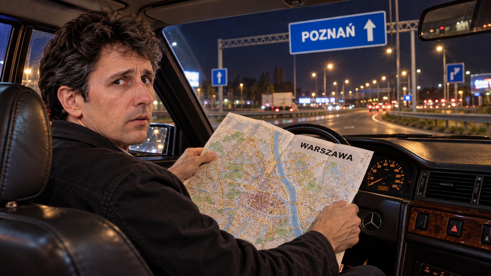 Развилка на выезде из Варшавы: синий дорожный указатель «POZNAŃ» стрелкой вперёд, мужчина в машине держит развёрнутую карту Варшавы и растерянно смотрит на знак