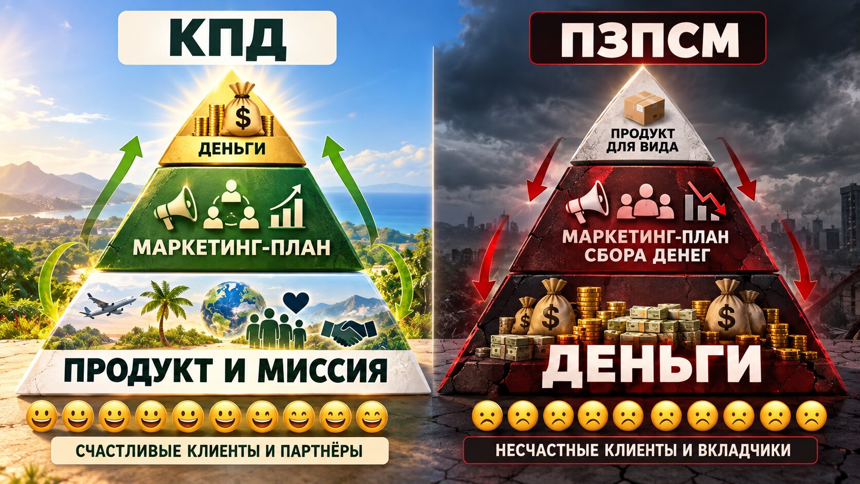 Две пирамидки рядом: слева светлая КПД — в основании «продукт и миссия», выше «маркетинг-план», на вершине «деньги», внизу счастливые клиенты; справа тёмная ПЗПСМ — в основании «деньги», выше «маркетинг-план сбора денег», на вершине бледный «продукт для вида», внизу несчастные вкладчики