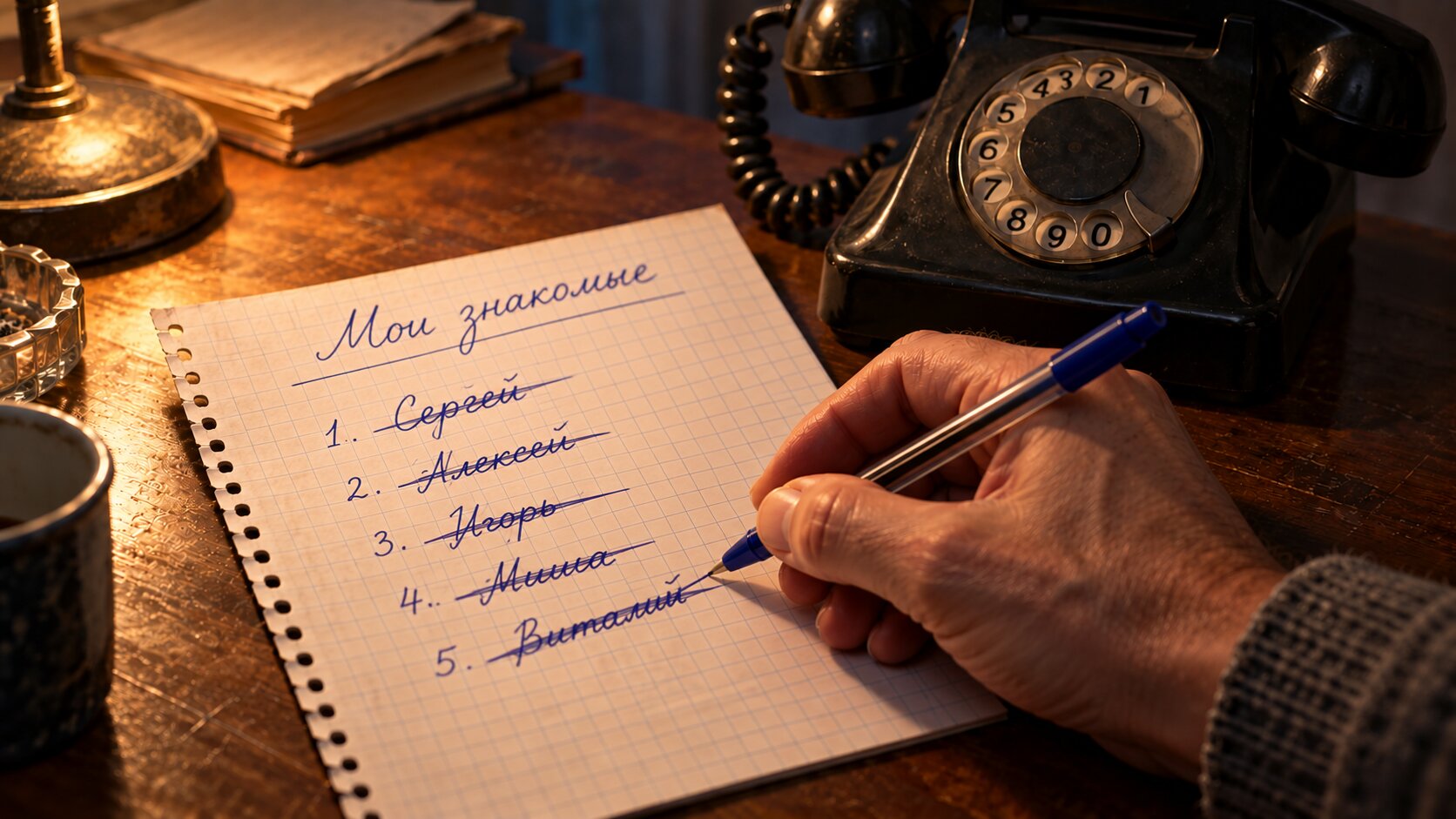 Тетрадный лист «Мои знакомые» со списком из пяти имён, все зачёркнуты; рядом старый дисковый телефон начала 90-х, рука держит ручку над листом