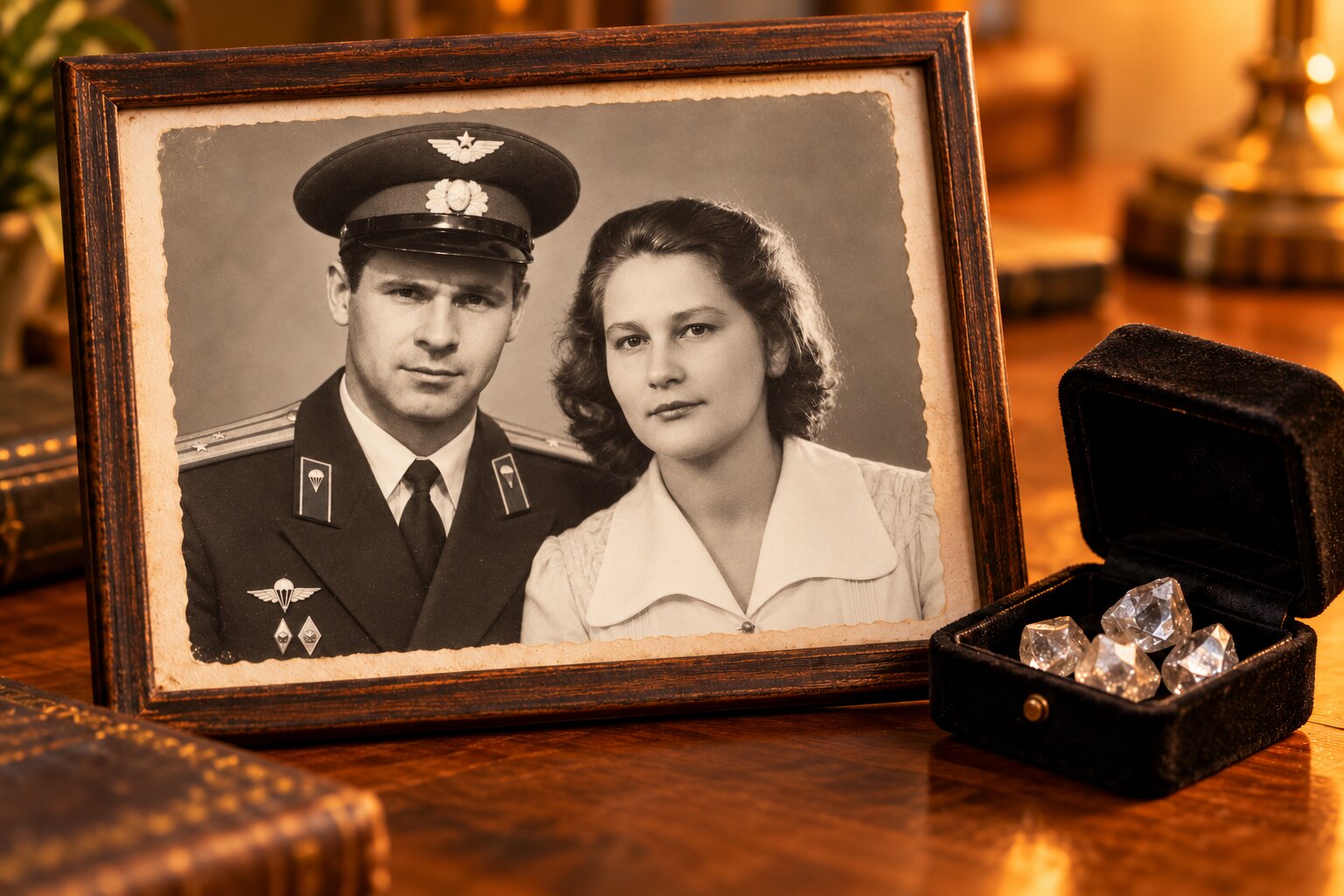 Старая чёрно-белая фотография молодых родителей в рамке на столе: отец в военной форме парашютно-десантной службы, рядом мама в светлом платье; рядом приоткрытая шкатулка с необработанными алмазами