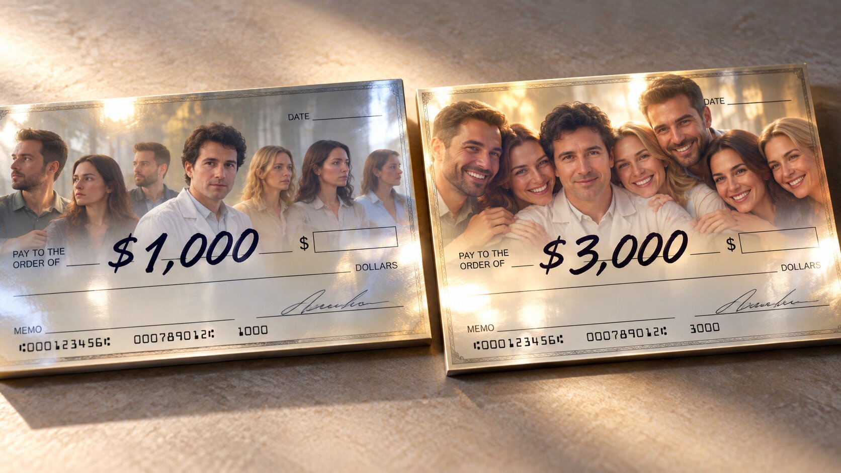 Два чека рядом — на 1000 и на 3000 долларов — в каждом, как в зеркале, отражается команда: на втором лица мягче и ближе друг к другу