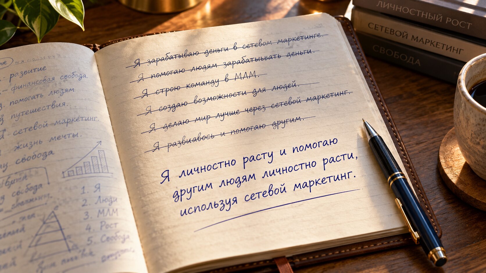 Раскрытая тетрадь: несколько зачёркнутых вариантов фразы предназначения, ниже от руки написан финальный вариант, рядом ручка