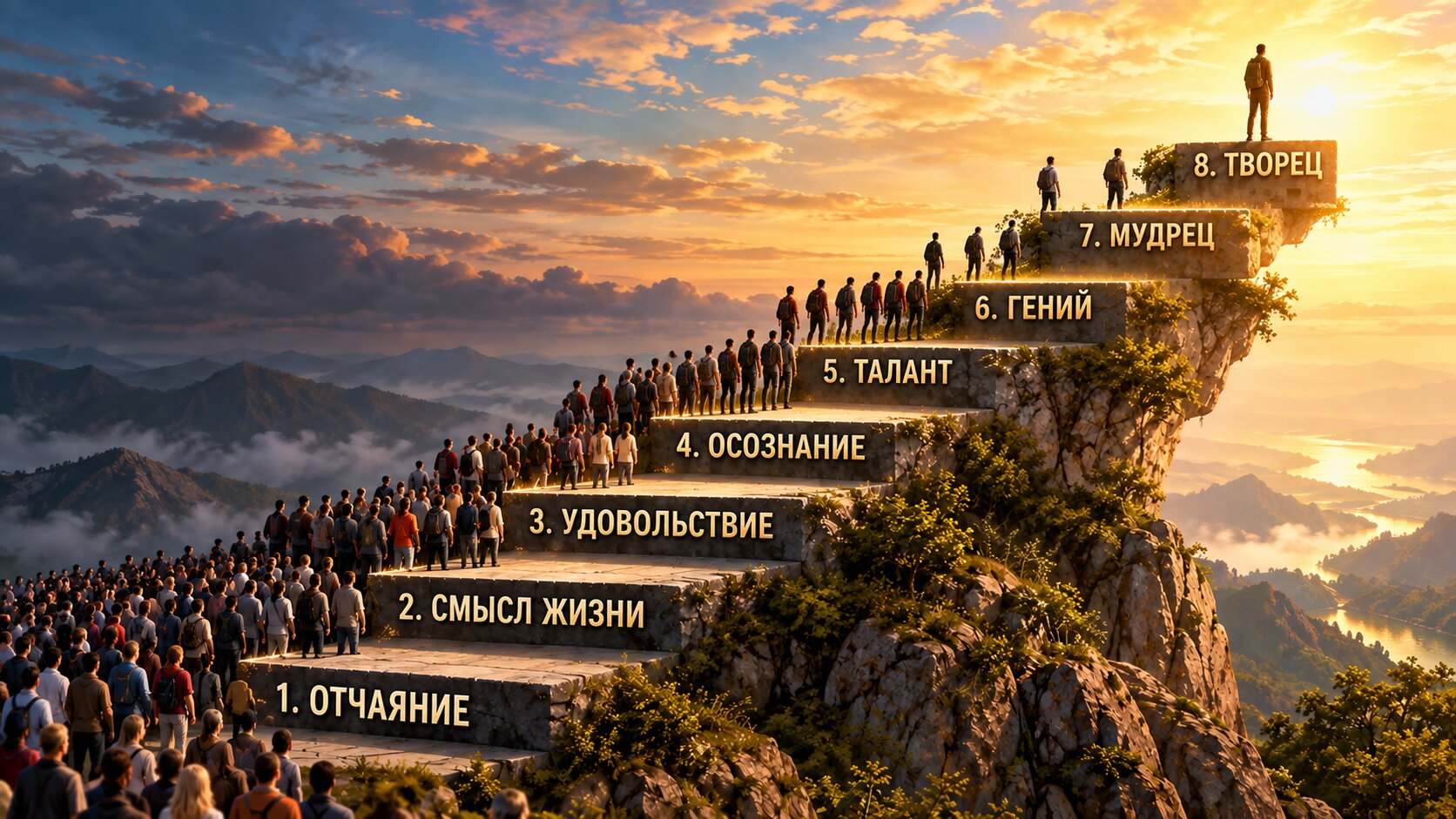 Лестница из восьми ступеней на вершину горы: на нижних — толпы людей (отчаяние, смысл жизни, удовольствие, осознание), выше — всё меньше фигур (талант, гений, мудрец), на самой верхней площадке — один человек (творец)