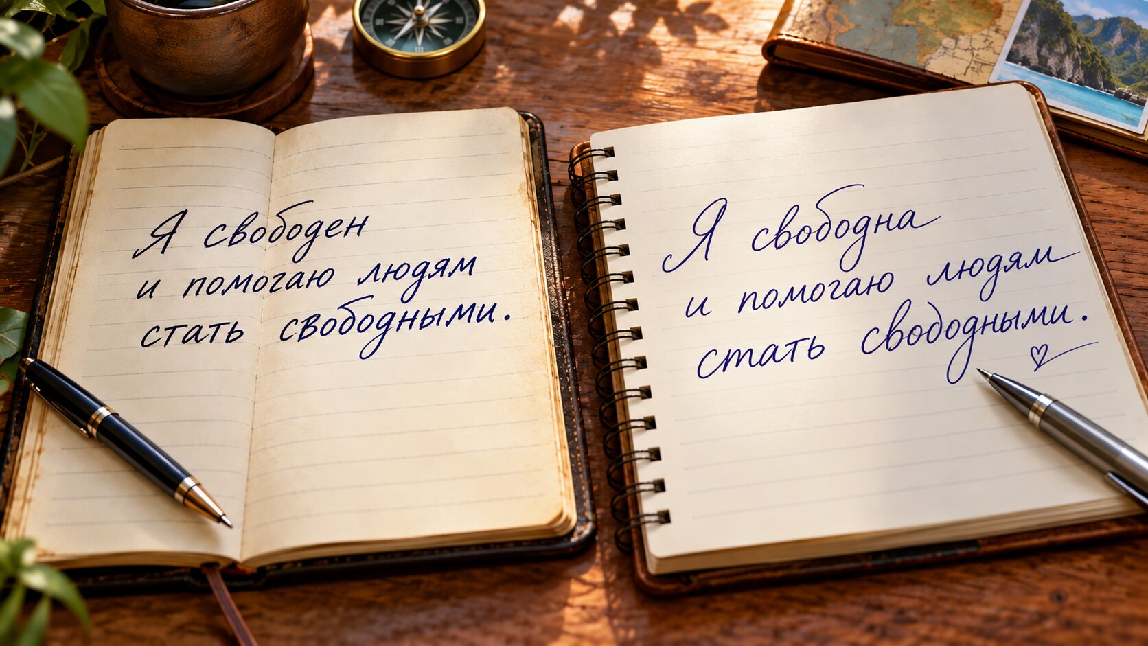 Две раскрытые тетради рядом на столе — в обеих разным почерком написана одна и та же фраза «Я свободен и помогаю людям стать свободными»